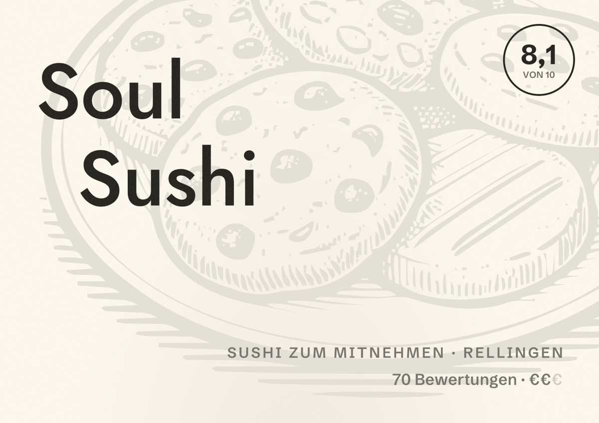 Illustriertes Poster von Soul Sushi, Sushi zum Mitnehmen in Rellingen: Bewertung 8,1 von 10 aus 70 Bewertungen, Preisniveau €€