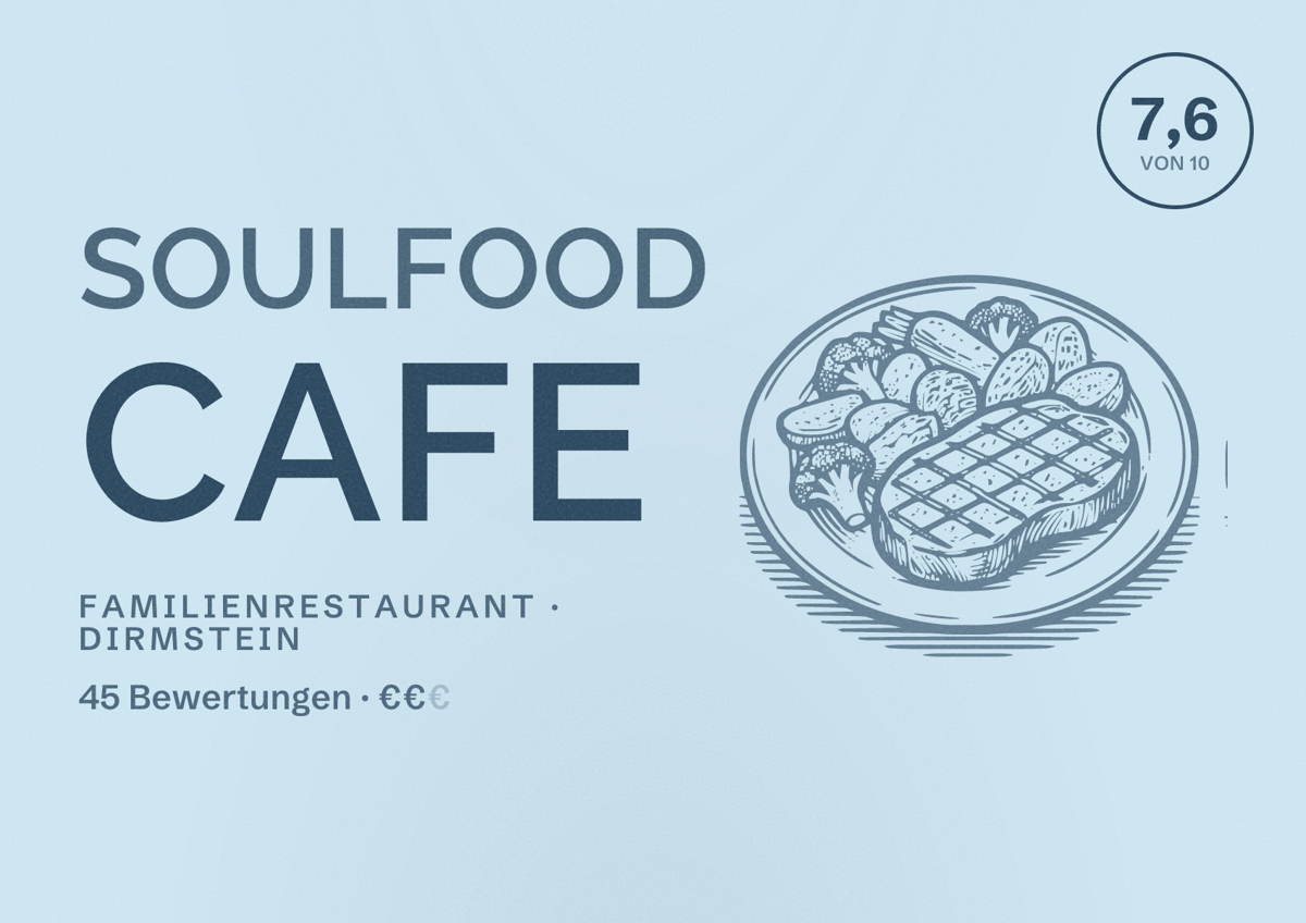 Illustriertes Poster von Soulfood Cafe, Familienrestaurant in Dirmstein: Bewertung 7,6 von 10 aus 45 Bewertungen, Preisniveau €€