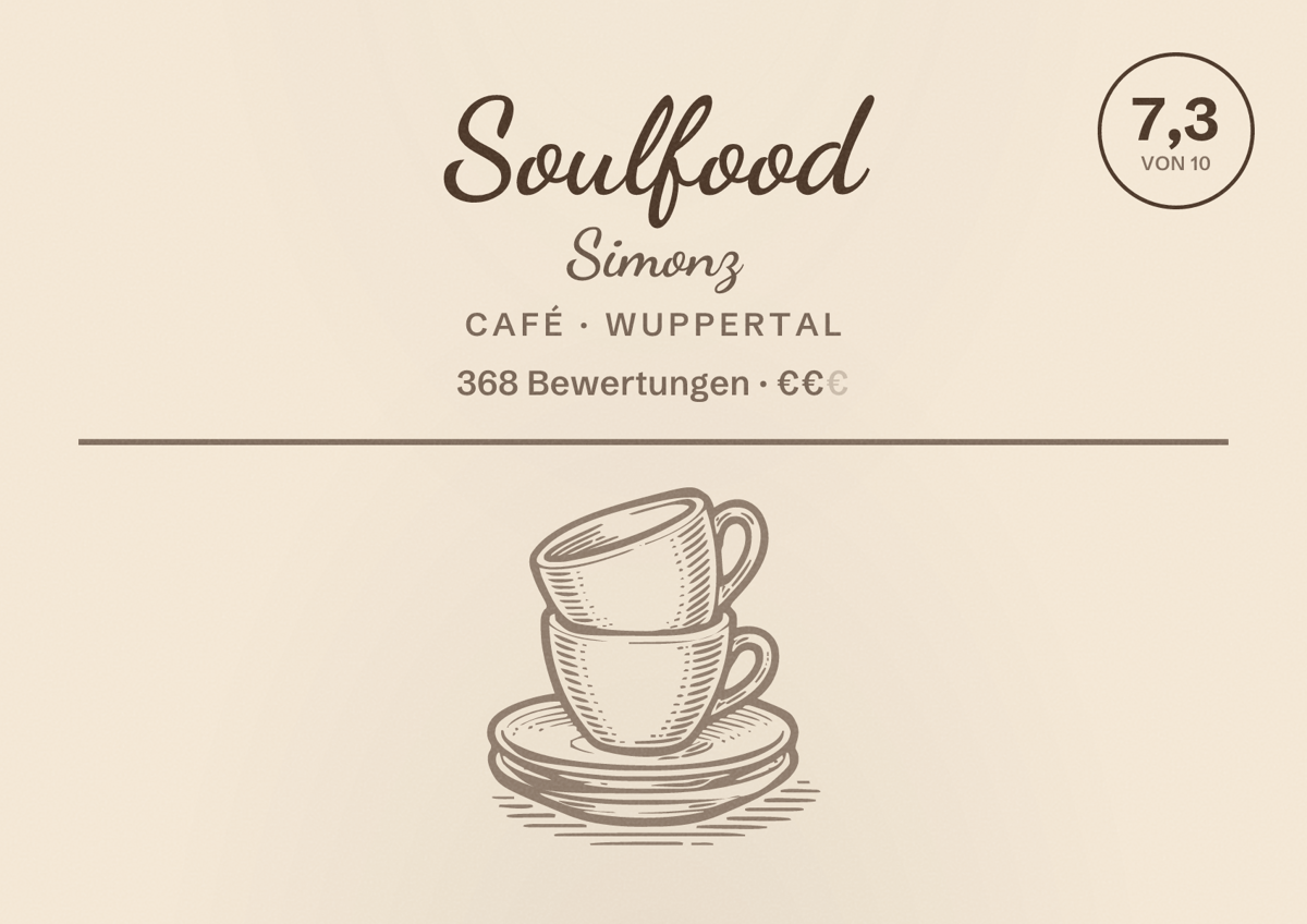Illustriertes Poster von Soulfood Simonz, Café in Wuppertal: Bewertung 7,3 von 10 aus 368 Bewertungen, Preisniveau €€