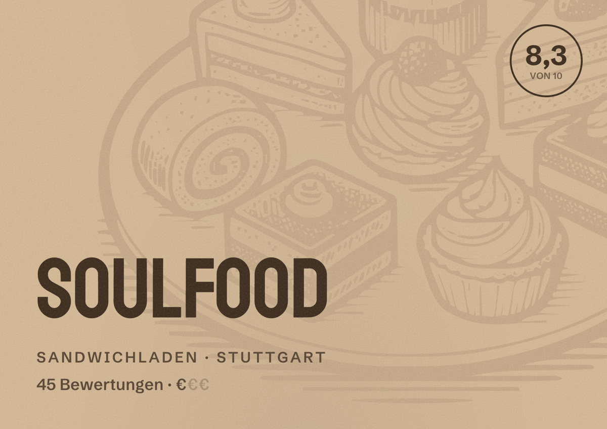 Illustriertes Poster von Soulfood, Sandwichladen in Stuttgart: Bewertung 8,3 von 10 aus 45 Bewertungen, Preisniveau €