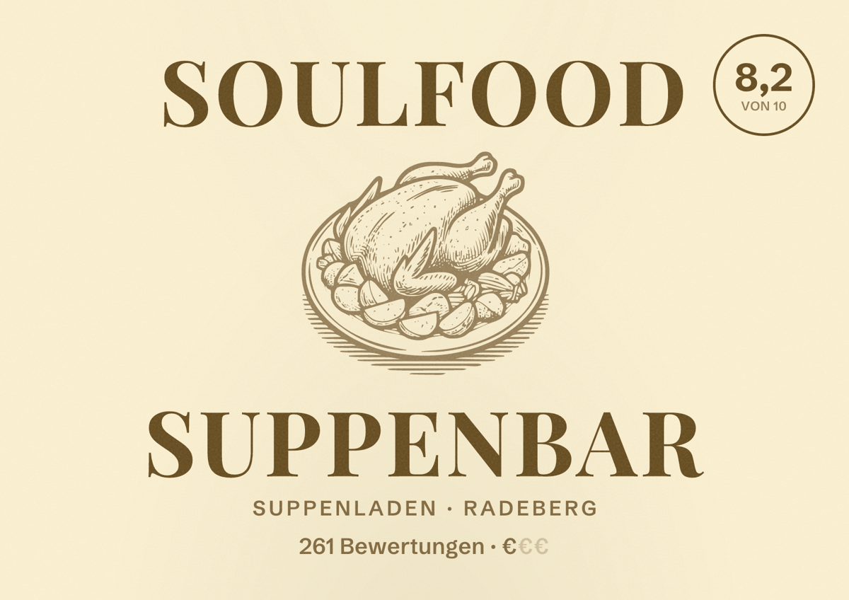 Illustriertes Poster von Soulfood Suppenbar, Suppenladen in Radeberg: Bewertung 8,2 von 10 aus 261 Bewertungen, Preisniveau €