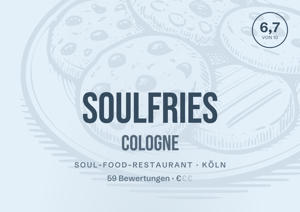 Illustriertes Poster von Soulfries Cologne, Soul-Food-Restaurant in Köln: Bewertung 6,7 von 10 aus 59 Bewertungen, Preisniveau €