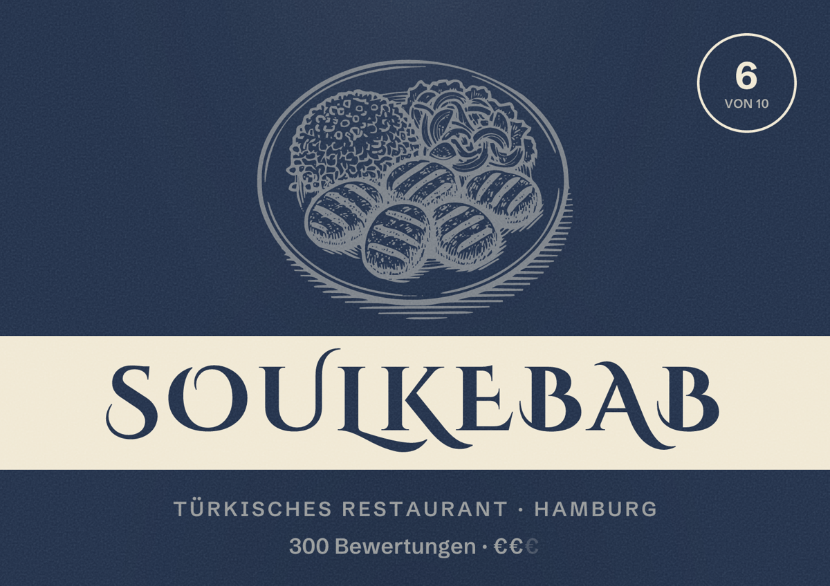 Illustriertes Poster von Soulkebab, Türkisches Restaurant in Hamburg: Bewertung 6,0 von 10 aus 300 Bewertungen, Preisniveau €€