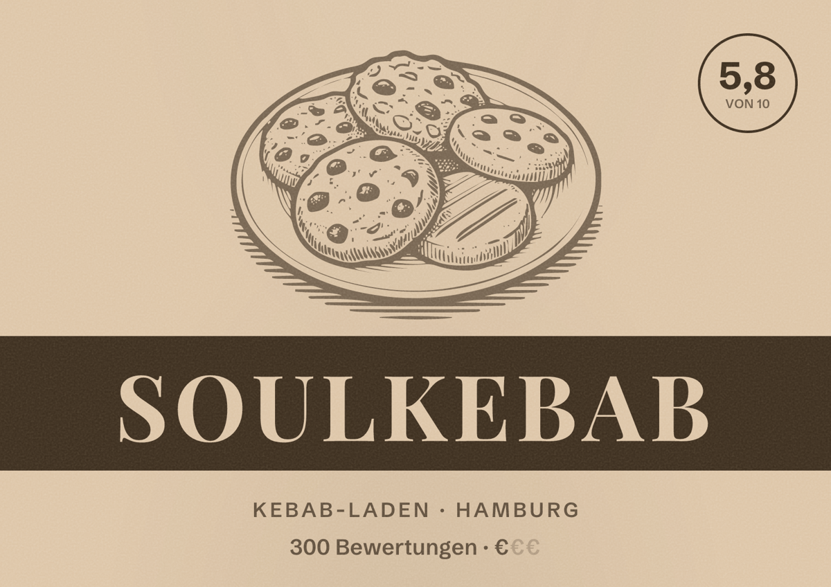 Illustriertes Poster von Soulkebab, Kebab-Laden in Hamburg: Bewertung 5,8 von 10 aus 300 Bewertungen, Preisniveau €