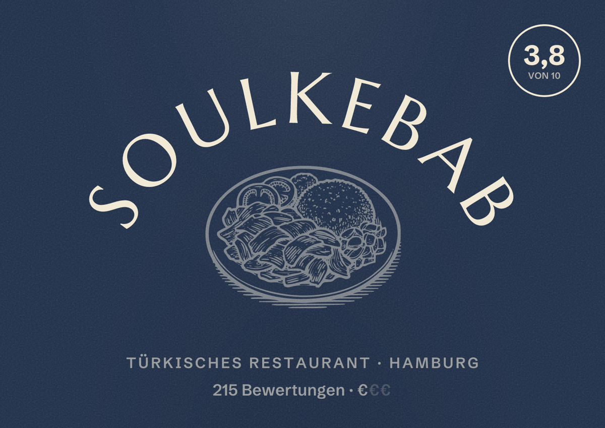 Illustriertes Poster von SoulKEBAB, Türkisches Restaurant in Hamburg: Bewertung 3,8 von 10 aus 215 Bewertungen, Preisniveau €