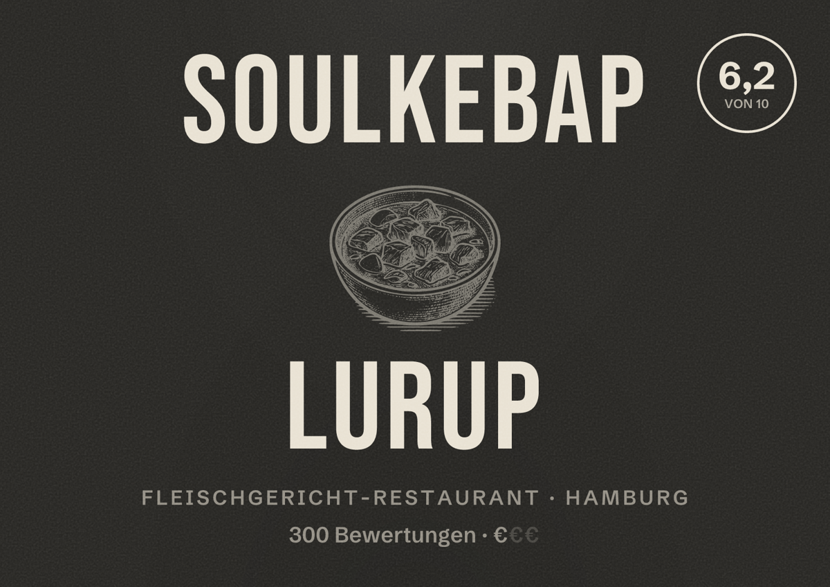 Illustriertes Poster von Soulkebap Lurup, Fleischgericht-Restaurant in Hamburg: Bewertung 6,2 von 10 aus 300 Bewertungen, Preisniveau €