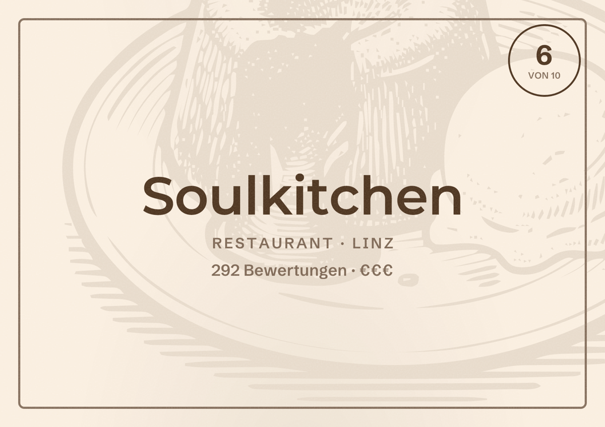 Illustriertes Poster von Soulkitchen, Restaurant in Linz: Bewertung 6 von 10 aus 292 Bewertungen, Preisniveau €€€