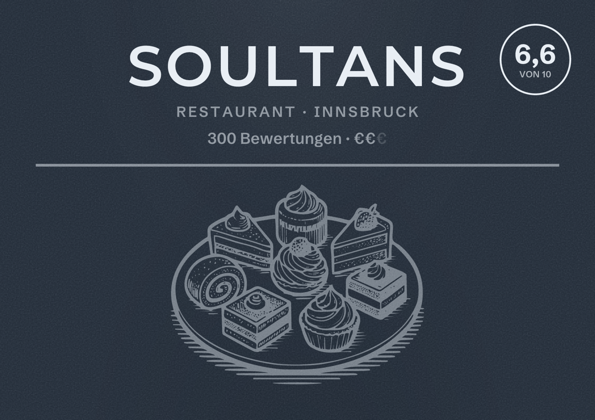 Illustriertes Poster von Soultans, Restaurant in Innsbruck: Bewertung 6,6 von 10 aus 300 Bewertungen, Preisniveau €€