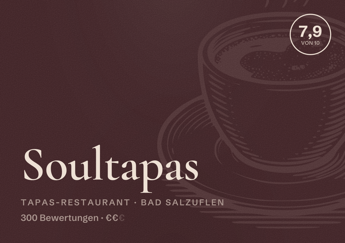 Illustriertes Poster von Soultapas, Tapas-Restaurant in Bad Salzuflen: Bewertung 7,9 von 10 aus 300 Bewertungen, Preisniveau €€