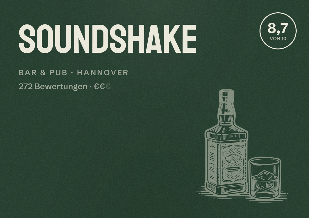 Illustriertes Poster von SoundShake, Bar & Pub in Hannover: Bewertung 8,7 von 10 aus 272 Bewertungen, Preisniveau €€