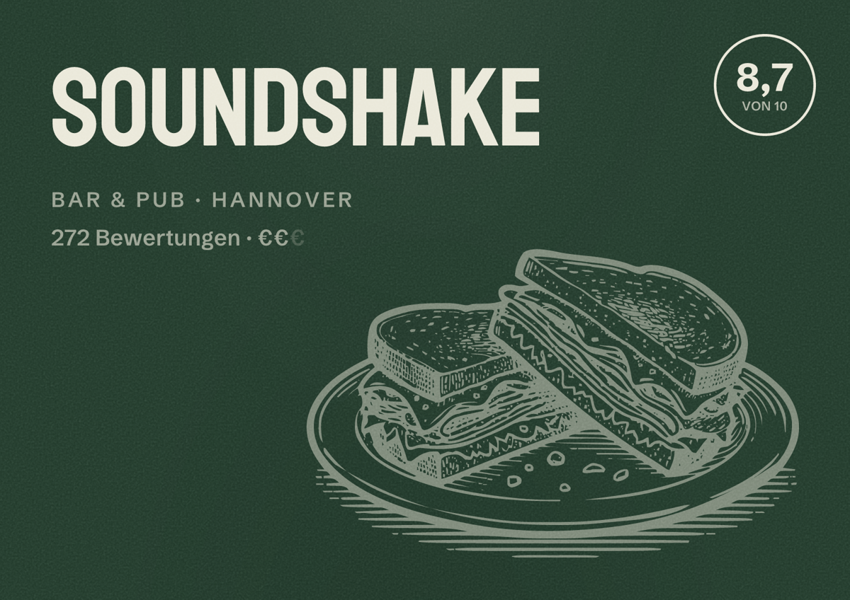 Illustriertes Poster von SoundShake, Bar & Pub in Hannover: Bewertung 8,7 von 10 aus 272 Bewertungen, Preisniveau €€
