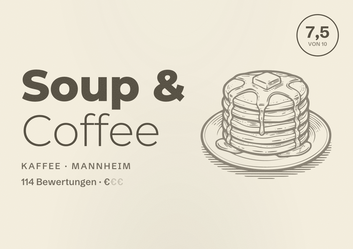 Illustriertes Poster von Soup & Coffee, Kaffee in Mannheim: Bewertung 7,5 von 10 aus 114 Bewertungen, Preisniveau €
