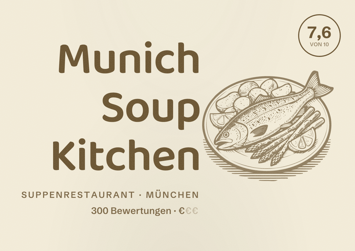 Illustriertes Poster von Munich Soup Kitchen, Suppenrestaurant in München: Bewertung 7,6 von 10 aus 300 Bewertungen, Preisniveau €