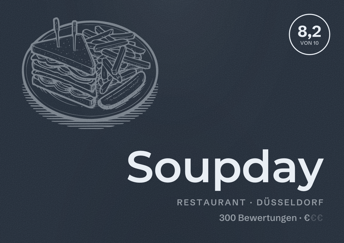 Illustriertes Poster von Soupday, Restaurant in Düsseldorf: Bewertung 8,2 von 10 aus 300 Bewertungen, Preisniveau €