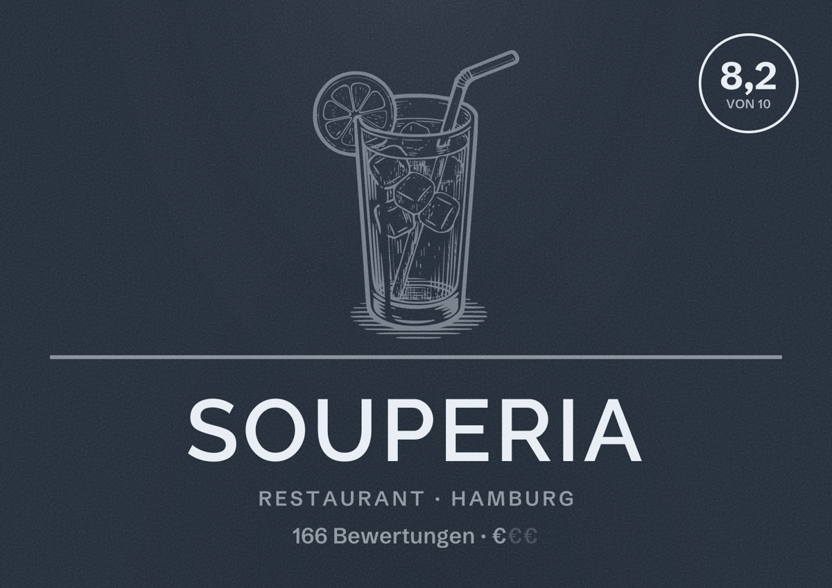 Illustriertes Poster von Souperia, Restaurant in Hamburg: Bewertung 8,2 von 10 aus 166 Bewertungen, Preisniveau €