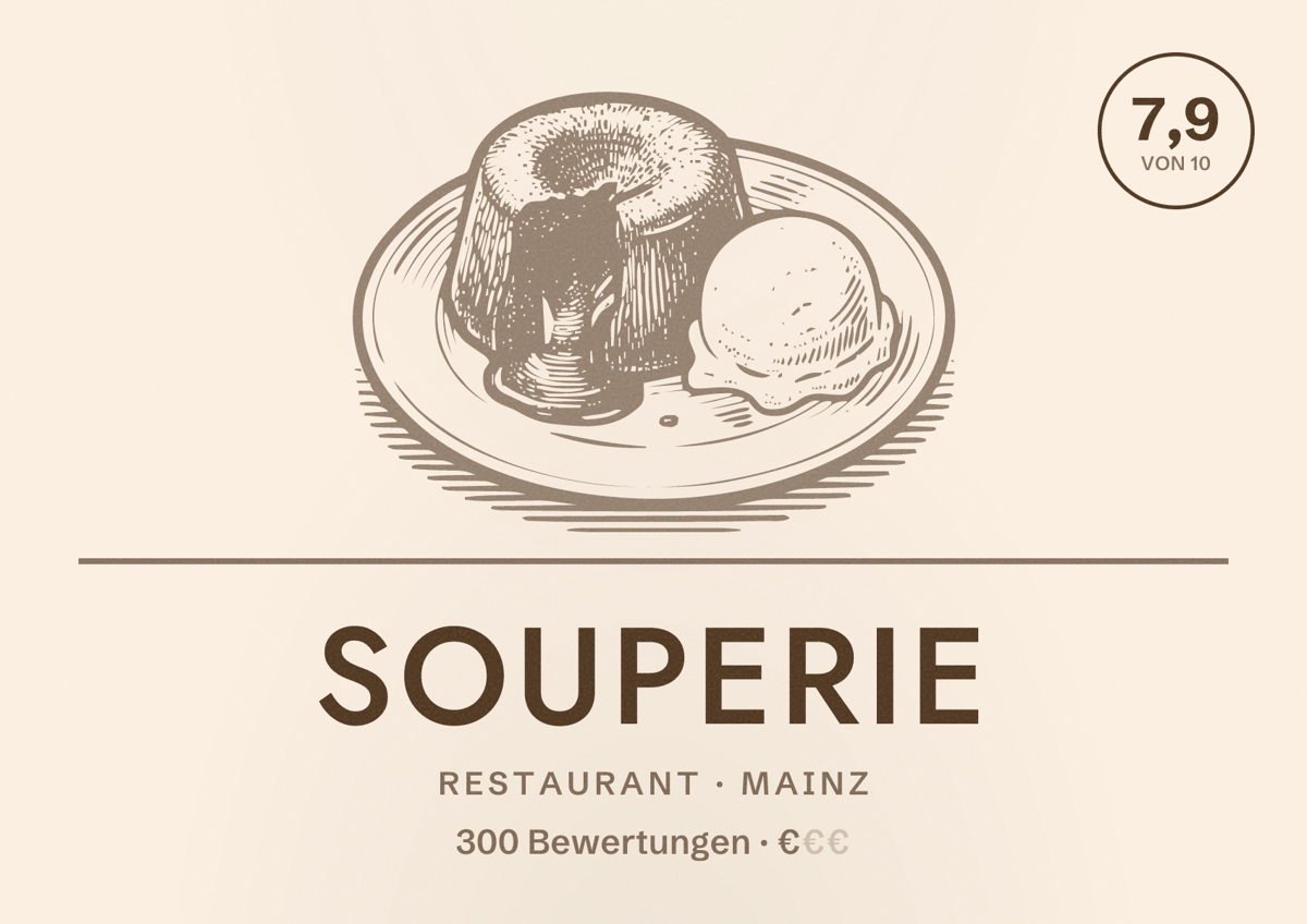 Illustriertes Poster von Souperie, Restaurant in Mainz: Bewertung 7,9 von 10 aus 300 Bewertungen, Preisniveau €