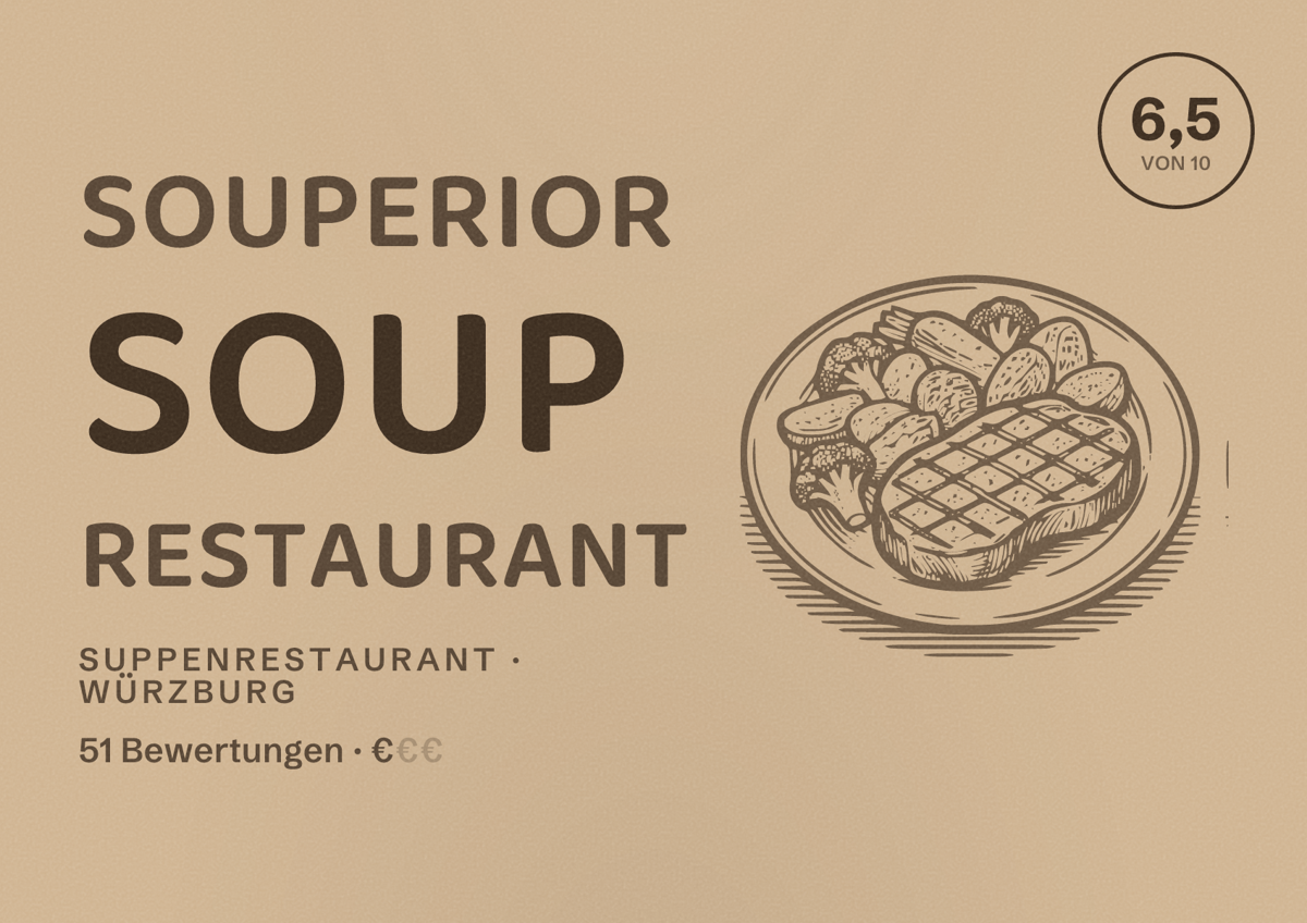 Illustriertes Poster von Souperior Soup Restaurant, Suppenrestaurant in Würzburg: Bewertung 6,5 von 10 aus 51 Bewertungen, Preisniveau €