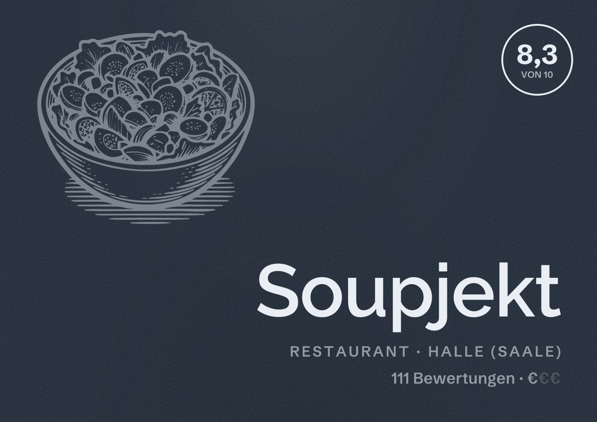 Illustriertes Poster von Soupjekt, Restaurant in Halle (Saale): Bewertung 8,3 von 10 aus 111 Bewertungen, Preisniveau €