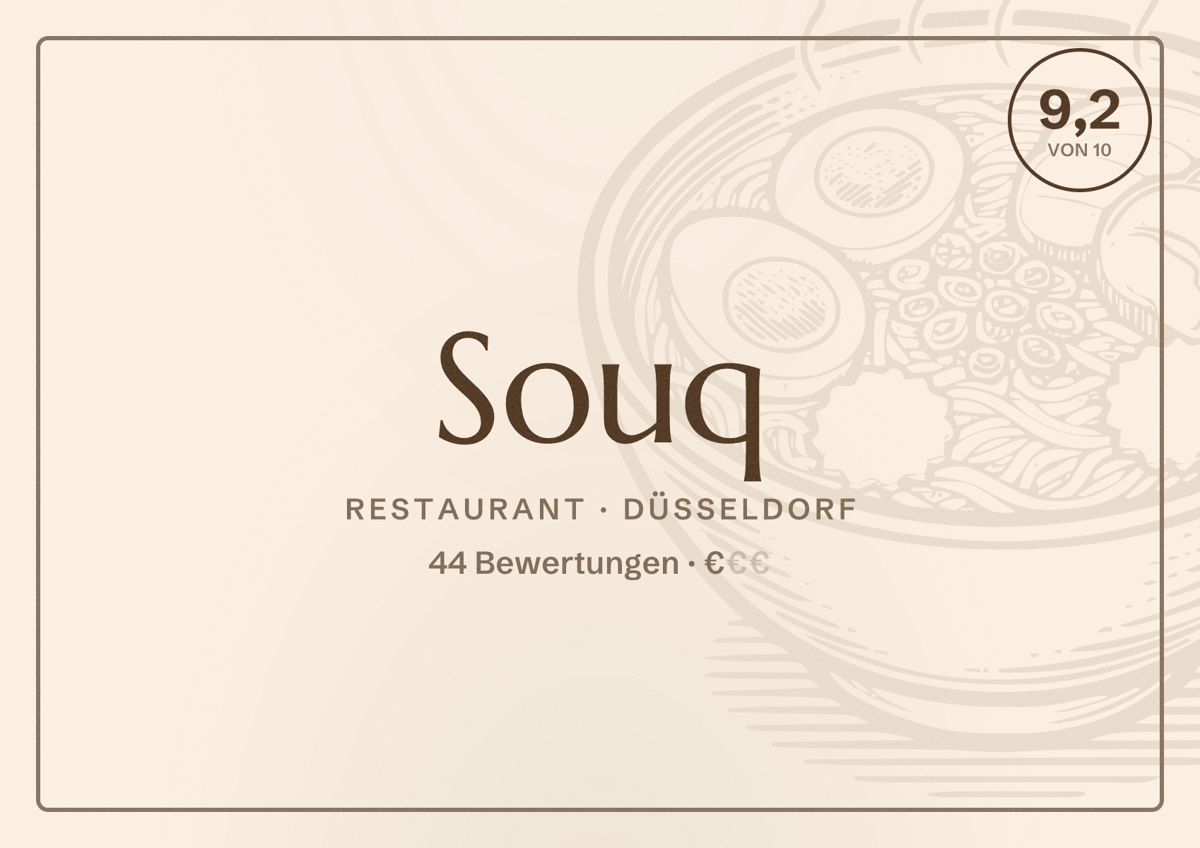 Illustriertes Poster von Souq, Restaurant in Düsseldorf: Bewertung 9,2 von 10 aus 44 Bewertungen, Preisniveau €