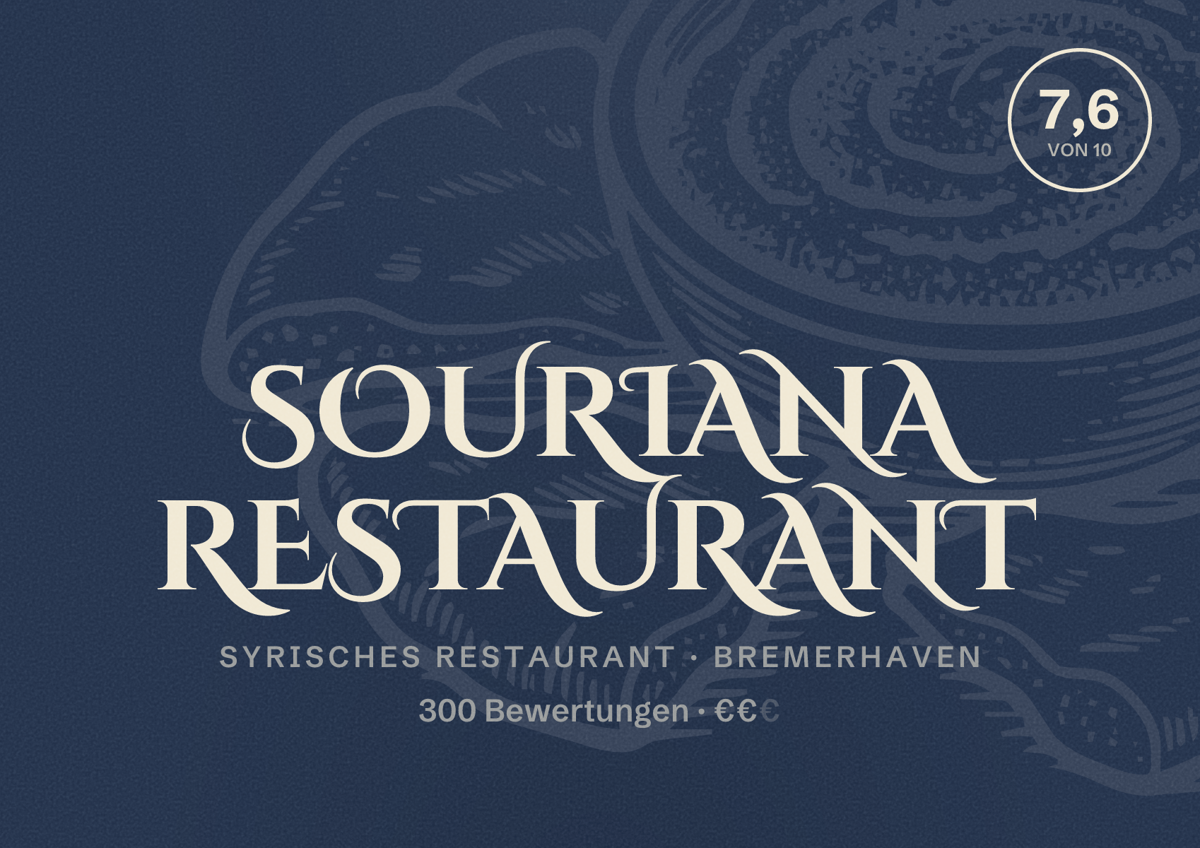 Illustriertes Poster von Souriana Restaurant, Syrisches Restaurant in Bremerhaven: Bewertung 7,6 von 10 aus 300 Bewertungen, Preisniveau €€