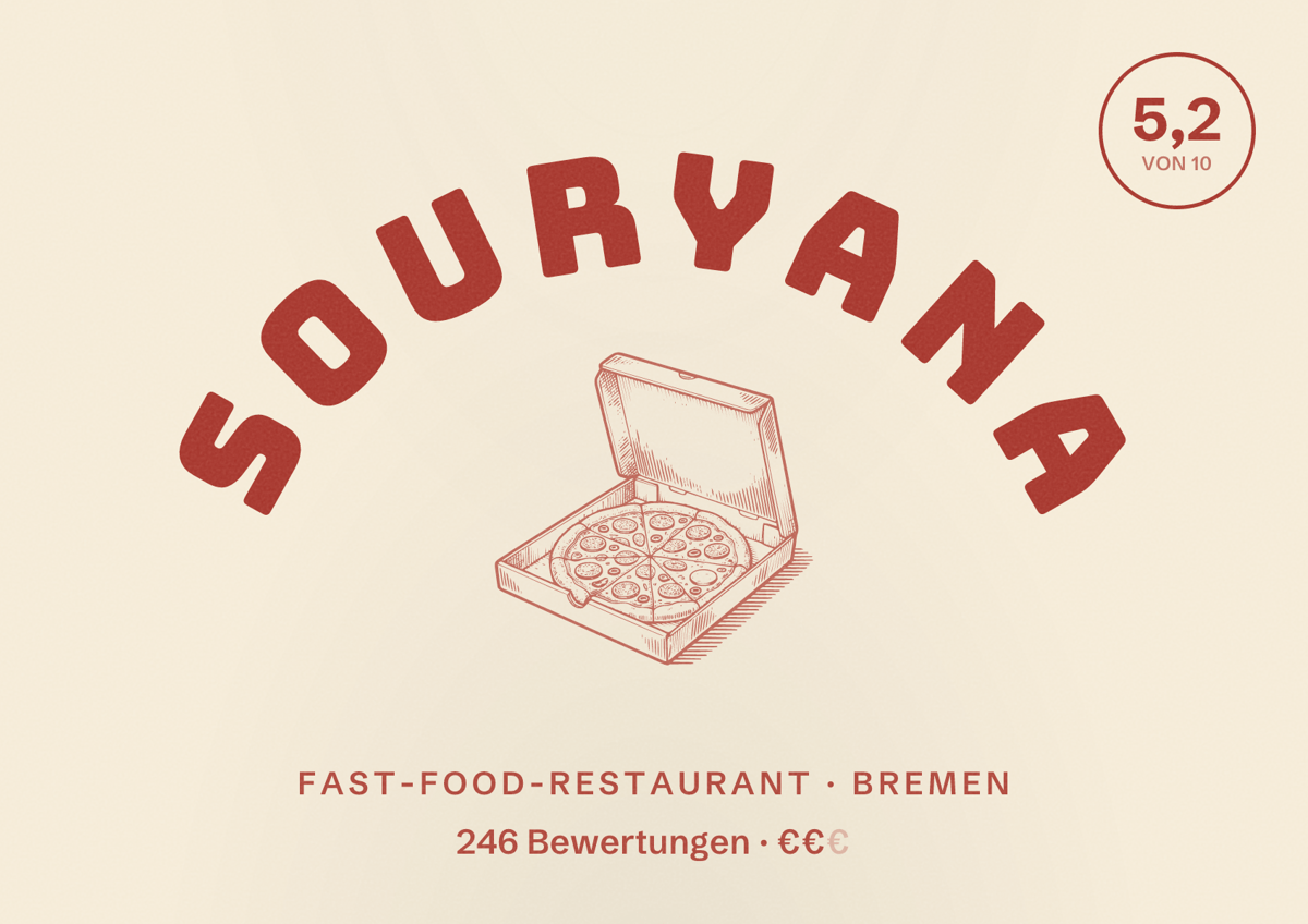 Illustriertes Poster von Souryana, Fast-Food-Restaurant in Bremen: Bewertung 5,2 von 10 aus 246 Bewertungen, Preisniveau €€