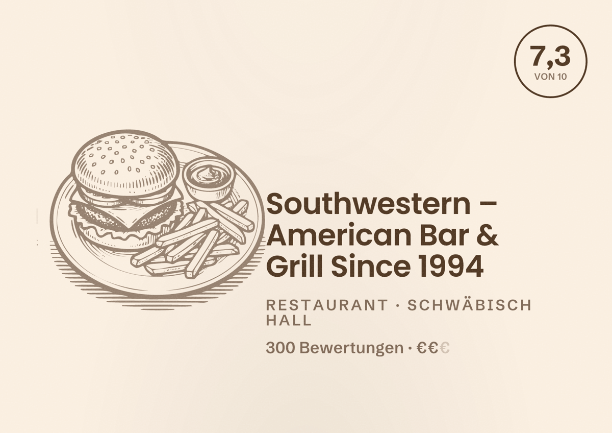 Illustriertes Poster von Southwestern – American Bar & Grill Since 1994, Restaurant in Schwäbisch Hall: Bewertung 7,3 von 10 aus 300 Bewertungen, Preisniveau €€