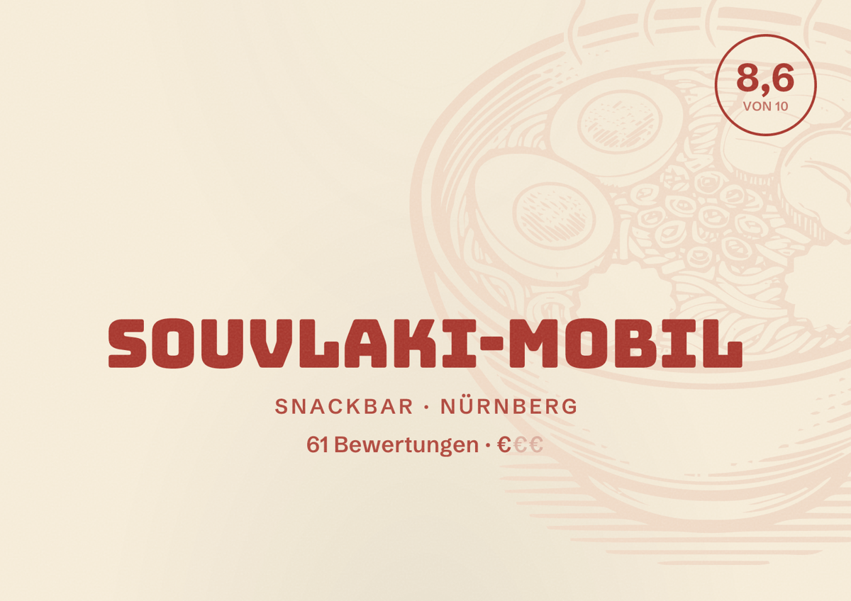 Illustriertes Poster von Souvlaki-mobil, Snackbar in Nürnberg: Bewertung 8,6 von 10 aus 61 Bewertungen, Preisniveau €
