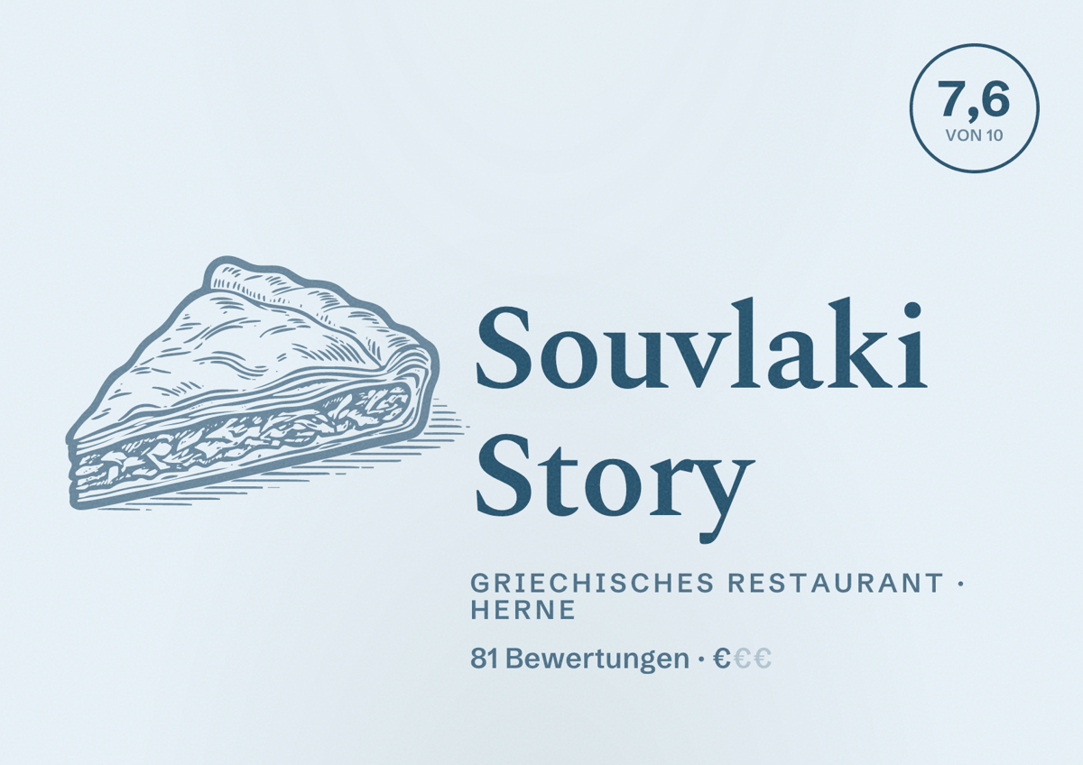 Illustriertes Poster von Souvlaki Story, Griechisches Restaurant in Herne: Bewertung 7,6 von 10 aus 81 Bewertungen, Preisniveau €