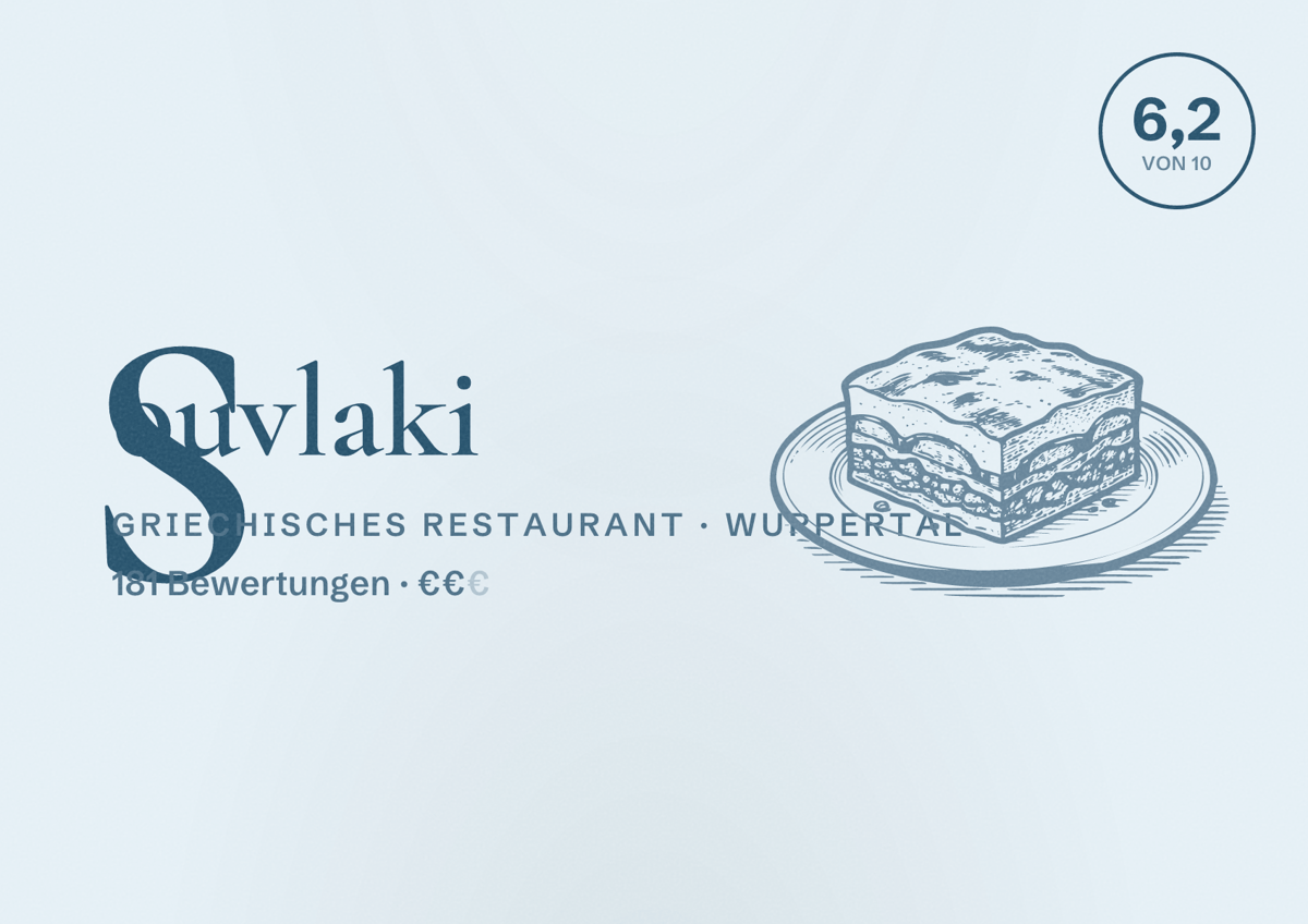 Illustriertes Poster von Souvlaki, Griechisches Restaurant in Wuppertal: Bewertung 6,2 von 10 aus 181 Bewertungen, Preisniveau €€