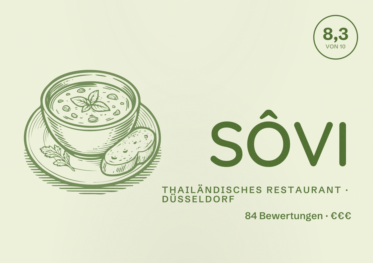 Illustriertes Poster von SÔVI, Thailändisches Restaurant in Düsseldorf: Bewertung 8,3 von 10 aus 84 Bewertungen, Preisniveau €€€