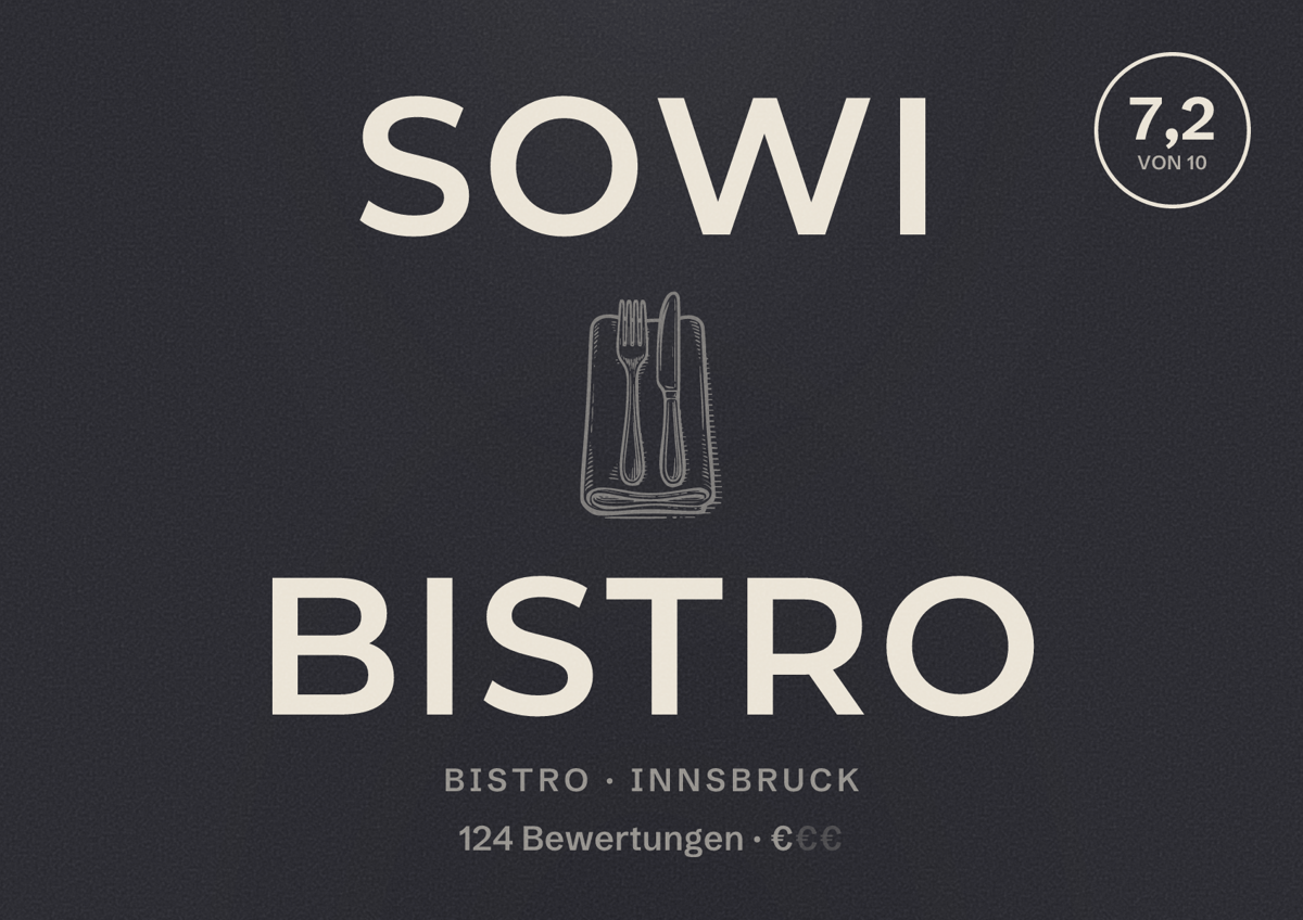 Illustriertes Poster von Sowi Bistro, Bistro in Innsbruck: Bewertung 7,2 von 10 aus 124 Bewertungen, Preisniveau €