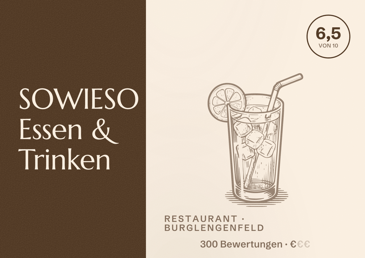Illustriertes Poster von SOWIESO Essen & Trinken, Restaurant in Burglengenfeld: Bewertung 6,5 von 10 aus 300 Bewertungen, Preisniveau €