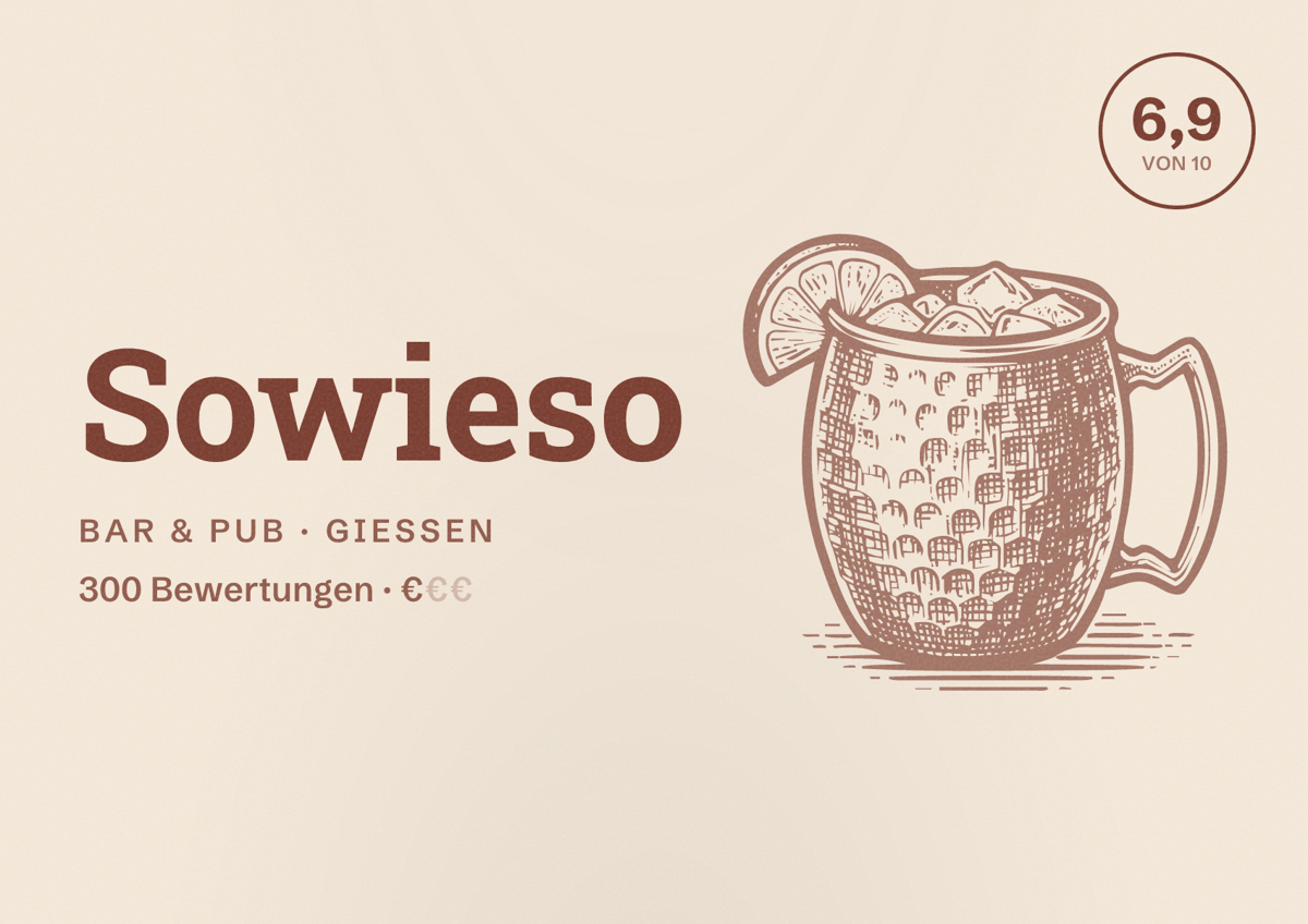 Illustriertes Poster von Sowieso, Bar & Pub in Gießen: Bewertung 6,9 von 10 aus 300 Bewertungen, Preisniveau €