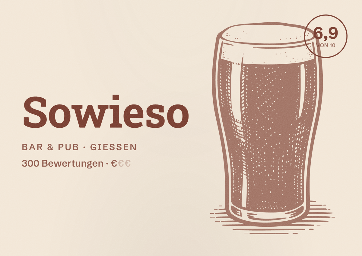 Illustriertes Poster von Sowieso, Bar & Pub in Gießen: Bewertung 6,9 von 10 aus 300 Bewertungen, Preisniveau €