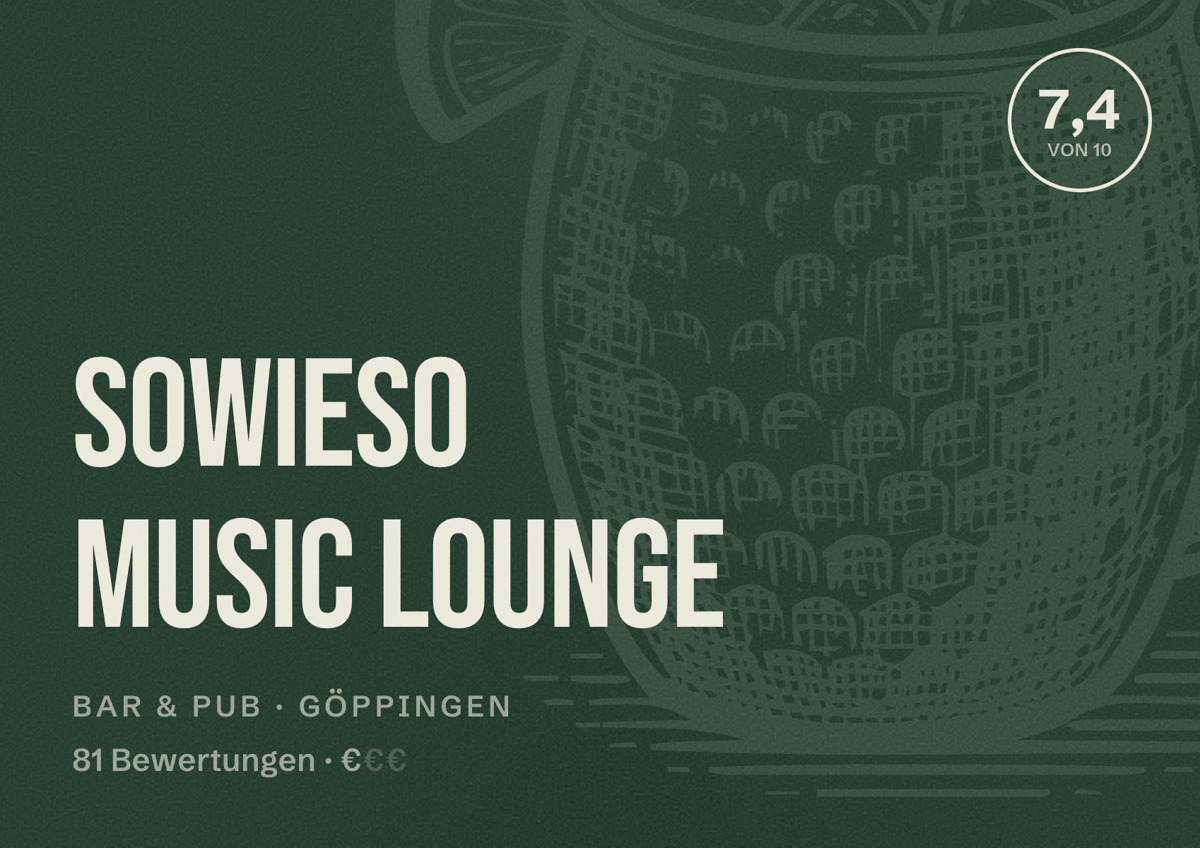 Illustriertes Poster von SOWIESO Music Lounge, Bar & Pub in Göppingen: Bewertung 7,4 von 10 aus 81 Bewertungen, Preisniveau €