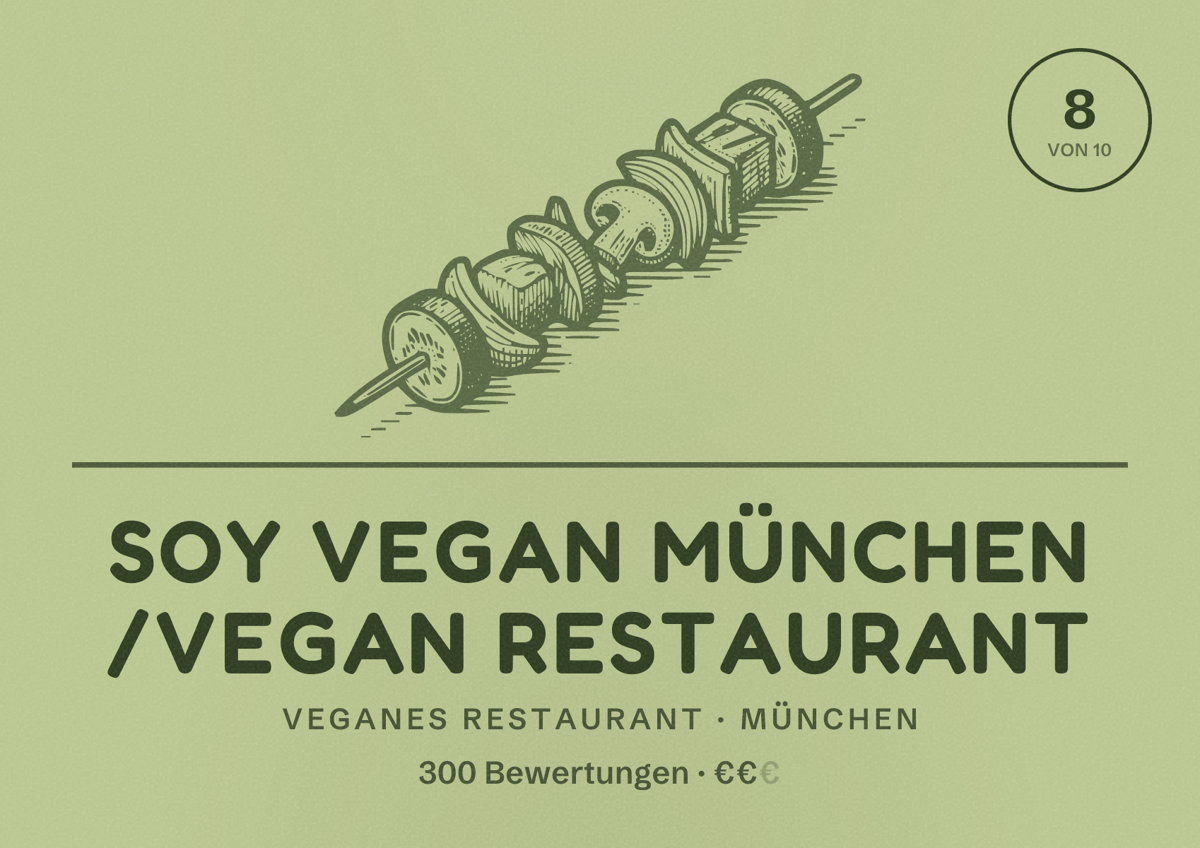 Illustriertes Poster von Soy Vegan München /vegan Restaurant, Veganes Restaurant in München: Bewertung 8,0 von 10 aus 300 Bewertungen, Preisniveau €€