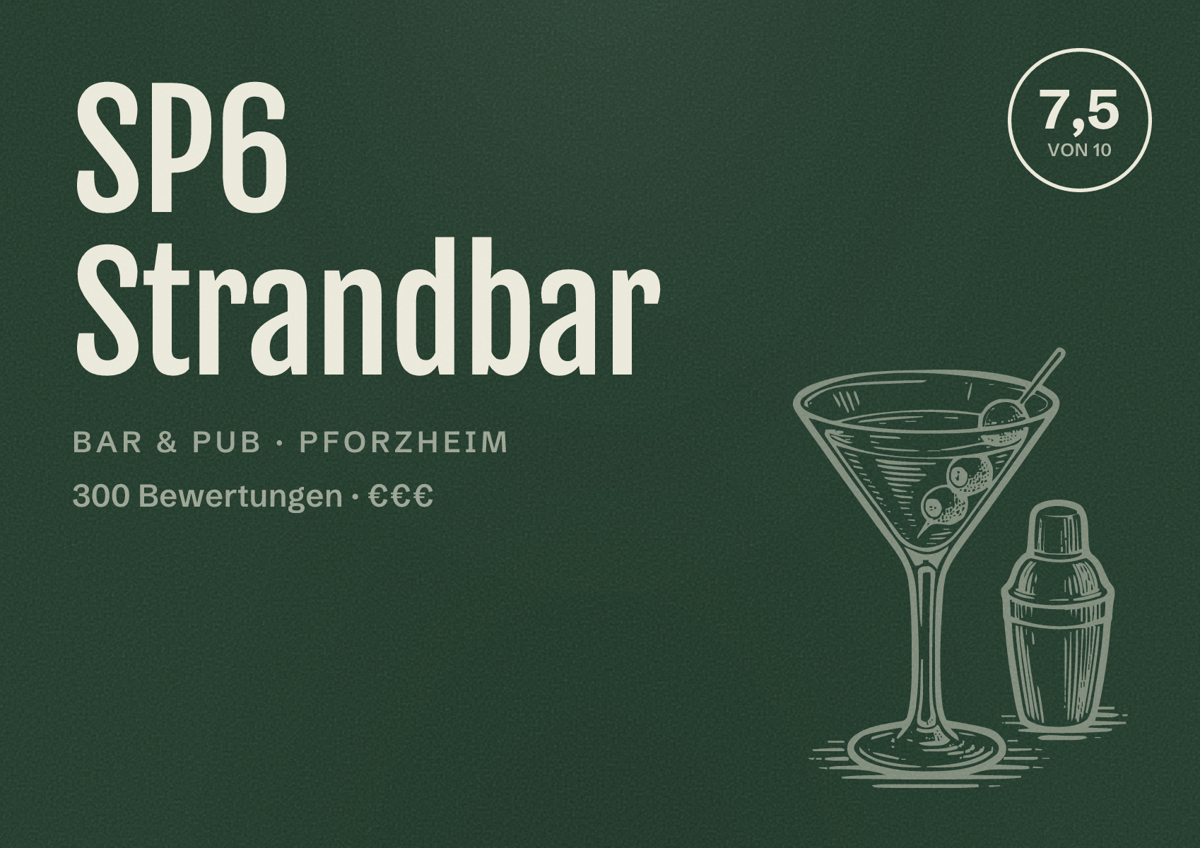Illustriertes Poster von SP6 Strandbar, Bar & Pub in Pforzheim: Bewertung 7,5 von 10 aus 300 Bewertungen, Preisniveau €€€
