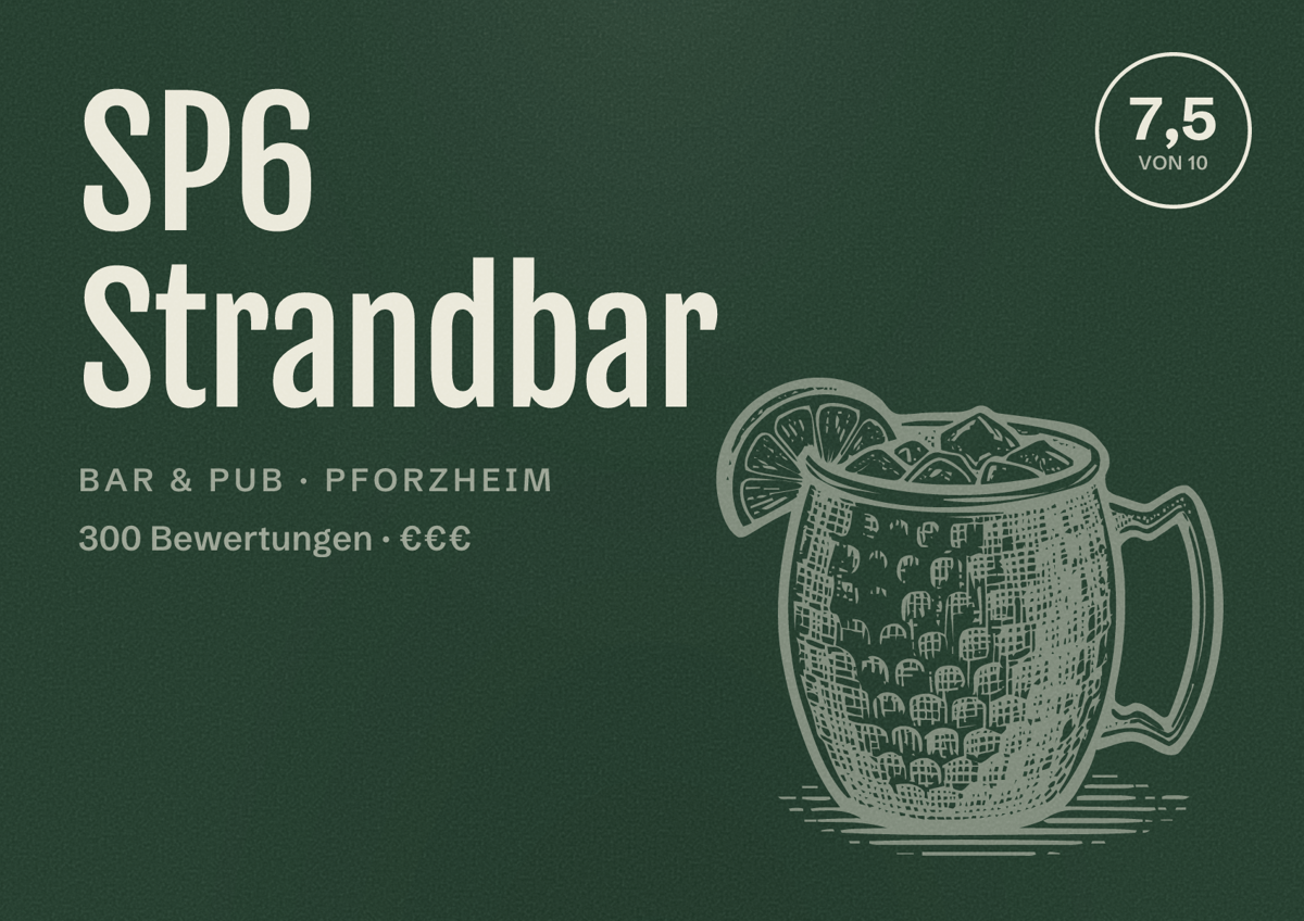 Illustriertes Poster von SP6 Strandbar, Bar & Pub in Pforzheim: Bewertung 7,5 von 10 aus 300 Bewertungen, Preisniveau €€€