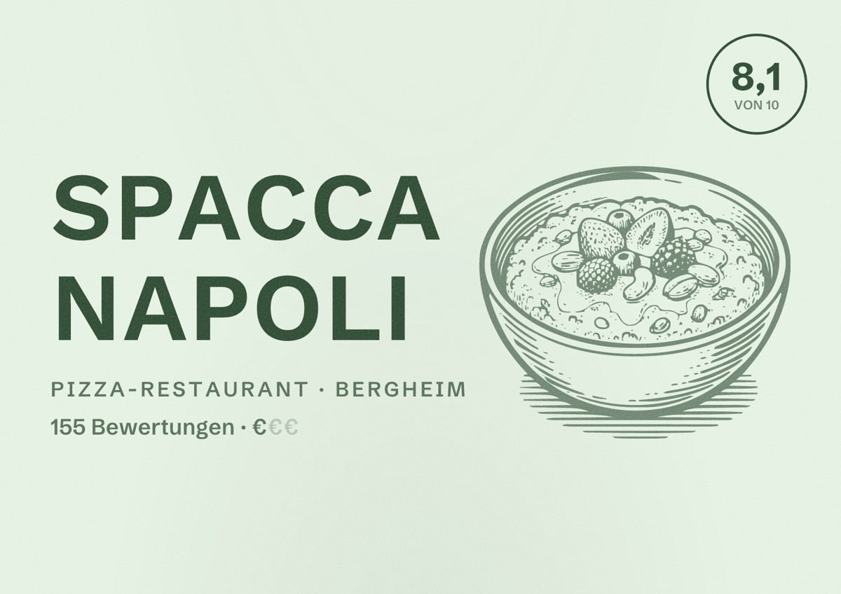 Illustriertes Poster von Spacca Napoli, Pizza-Restaurant in Bergheim: Bewertung 8,1 von 10 aus 155 Bewertungen, Preisniveau €