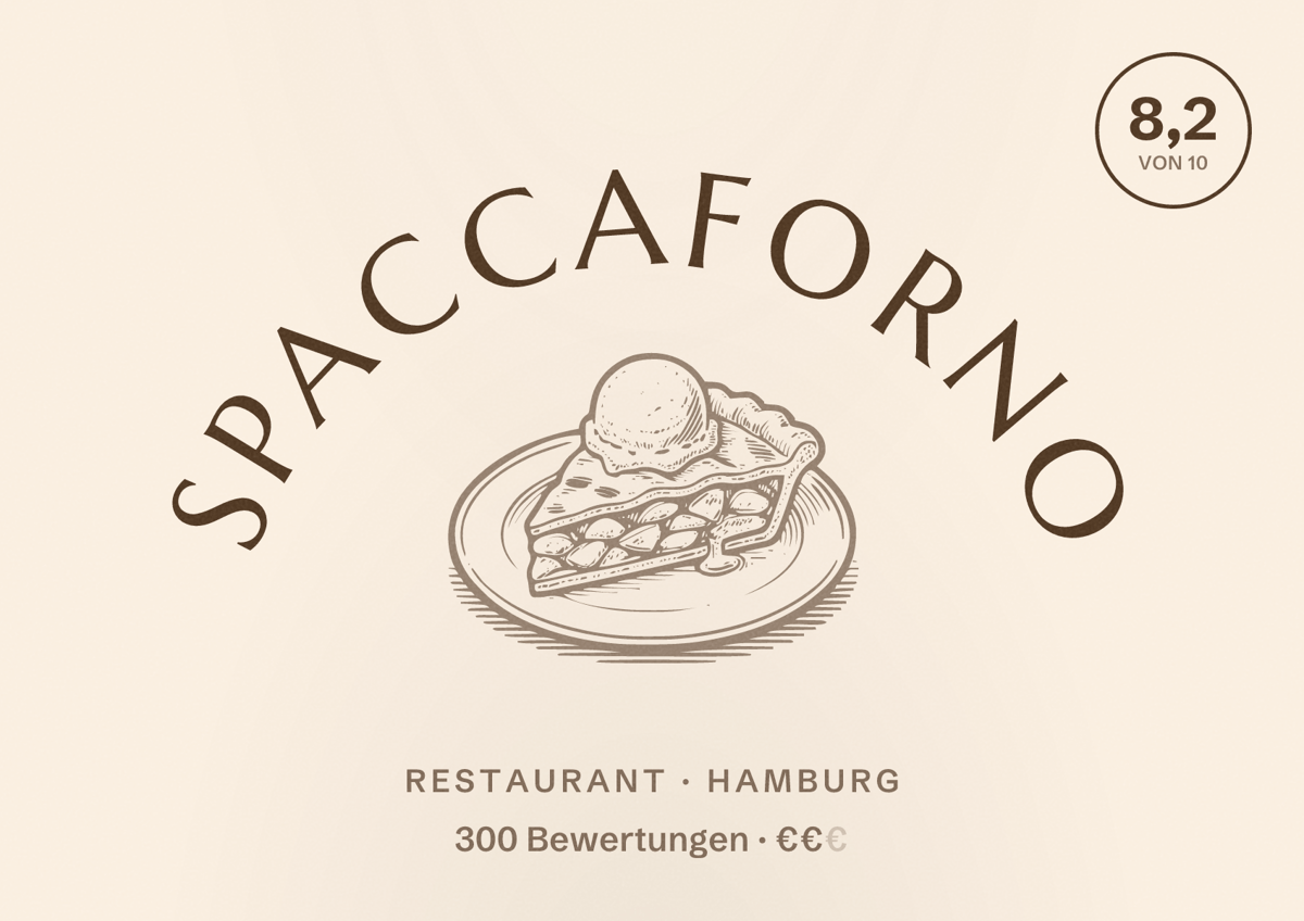 Illustriertes Poster von Spaccaforno, Restaurant in Hamburg: Bewertung 8,2 von 10 aus 300 Bewertungen, Preisniveau €€