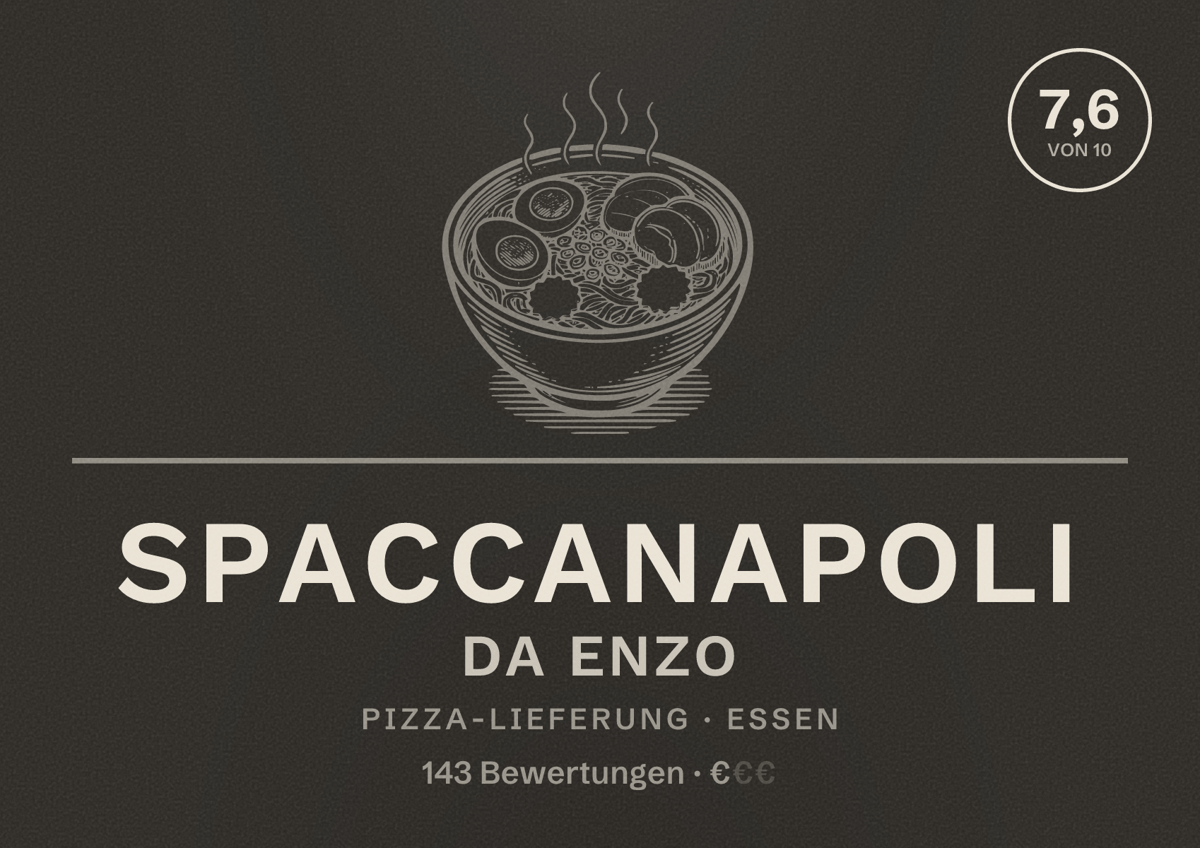 Illustriertes Poster von Spaccanapoli da Enzo, Pizza-Lieferung in Essen: Bewertung 7,6 von 10 aus 143 Bewertungen, Preisniveau €