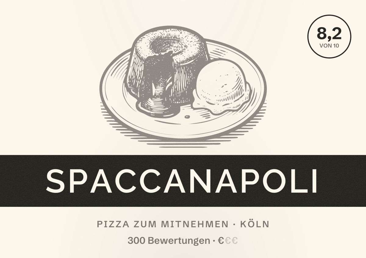 Illustriertes Poster von Spaccanapoli, Pizza zum Mitnehmen in Köln: Bewertung 8,2 von 10 aus 300 Bewertungen, Preisniveau €