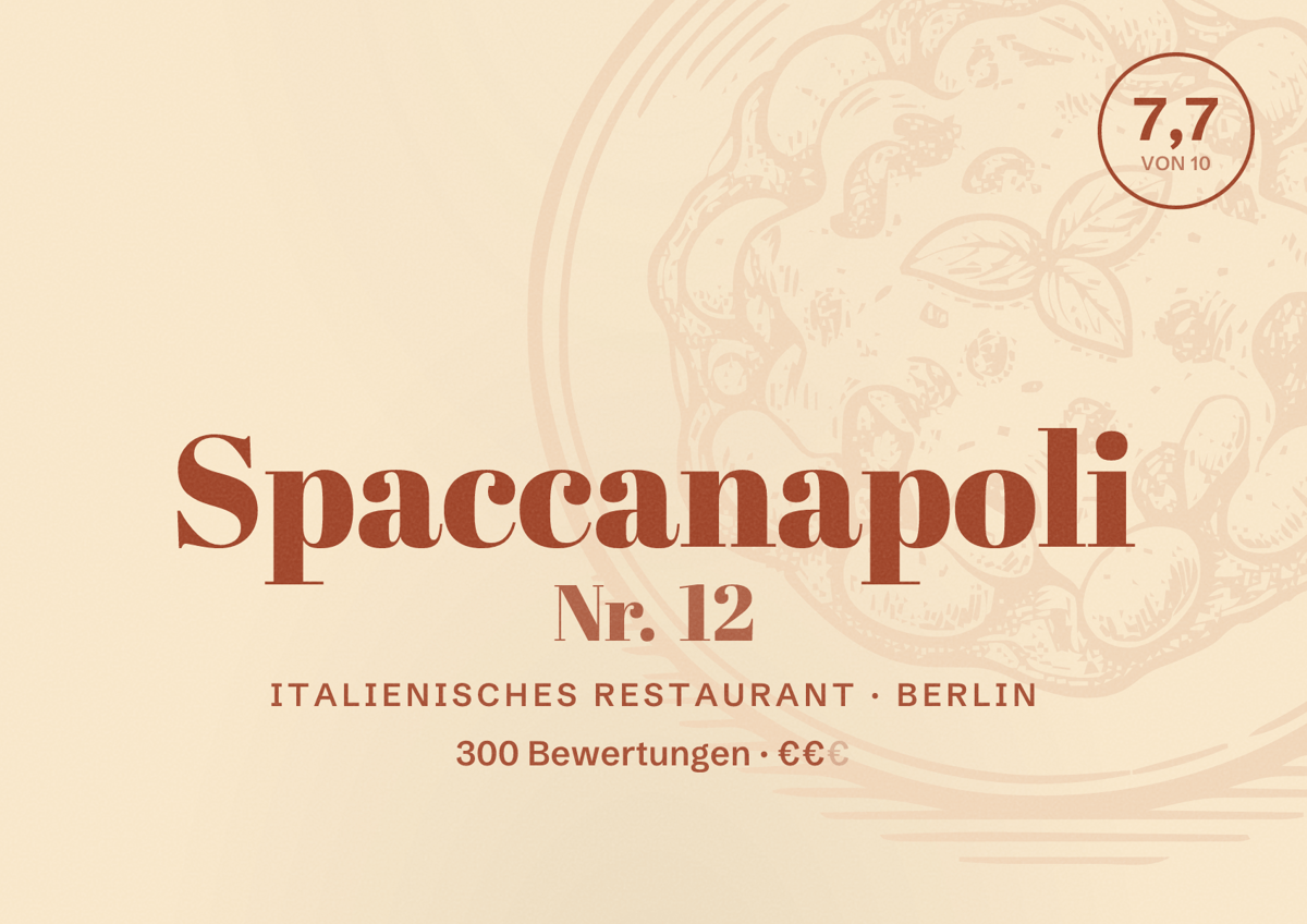 Illustriertes Poster von Spaccanapoli Nr. 12, Italienisches Restaurant in Berlin: Bewertung 7,7 von 10 aus 300 Bewertungen, Preisniveau €€
