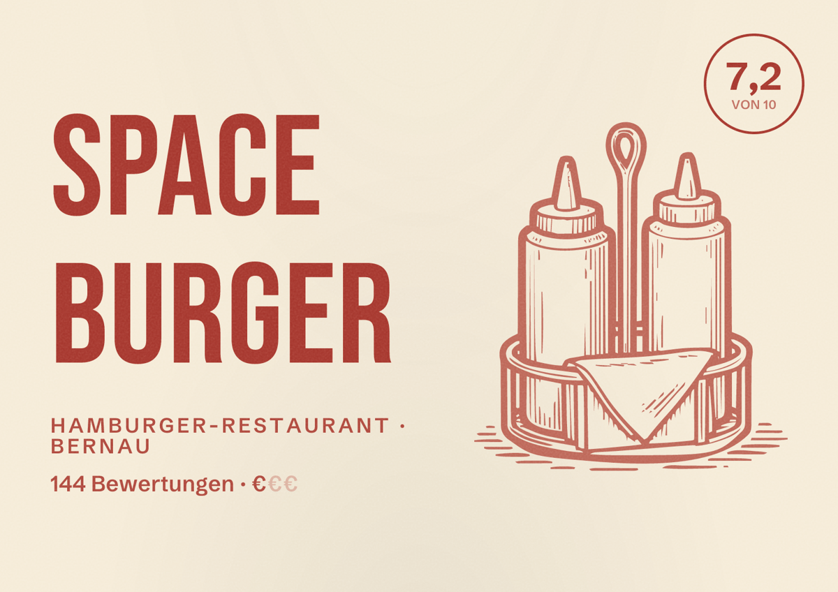 Illustriertes Poster von Space Burger, Hamburger-Restaurant in Bernau: Bewertung 7,2 von 10 aus 144 Bewertungen, Preisniveau €
