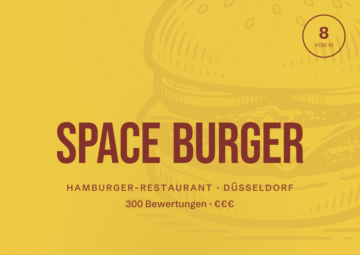 Illustriertes Poster von Space Burger, Hamburger-Restaurant in Düsseldorf: Bewertung 8,0 von 10 aus 300 Bewertungen, Preisniveau €€€