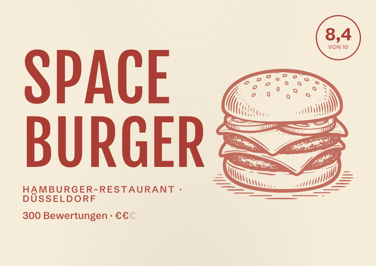 Illustriertes Poster von Space Burger, Hamburger-Restaurant in Düsseldorf: Bewertung 8,4 von 10 aus 300 Bewertungen, Preisniveau €€