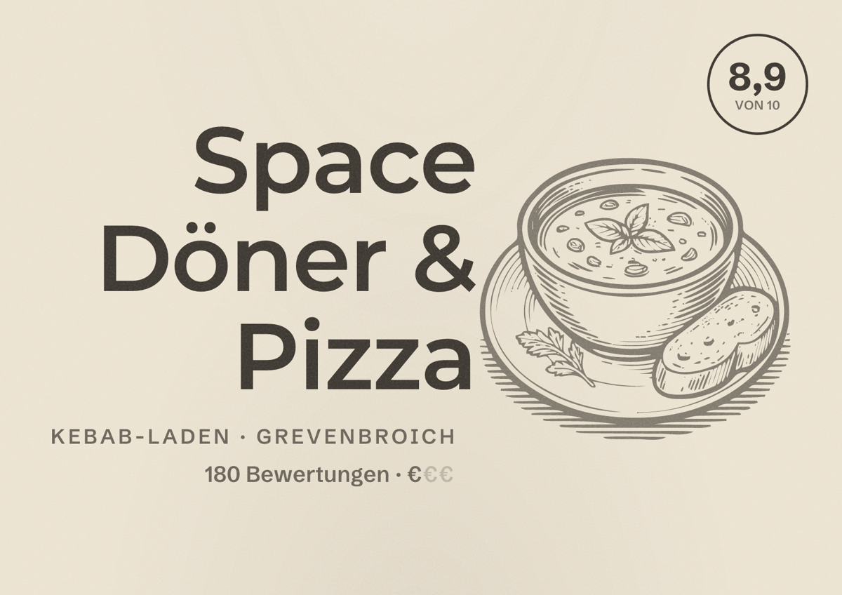Illustriertes Poster von Space Döner & Pizza, Kebab-Laden in Grevenbroich: Bewertung 8,9 von 10 aus 180 Bewertungen, Preisniveau €
