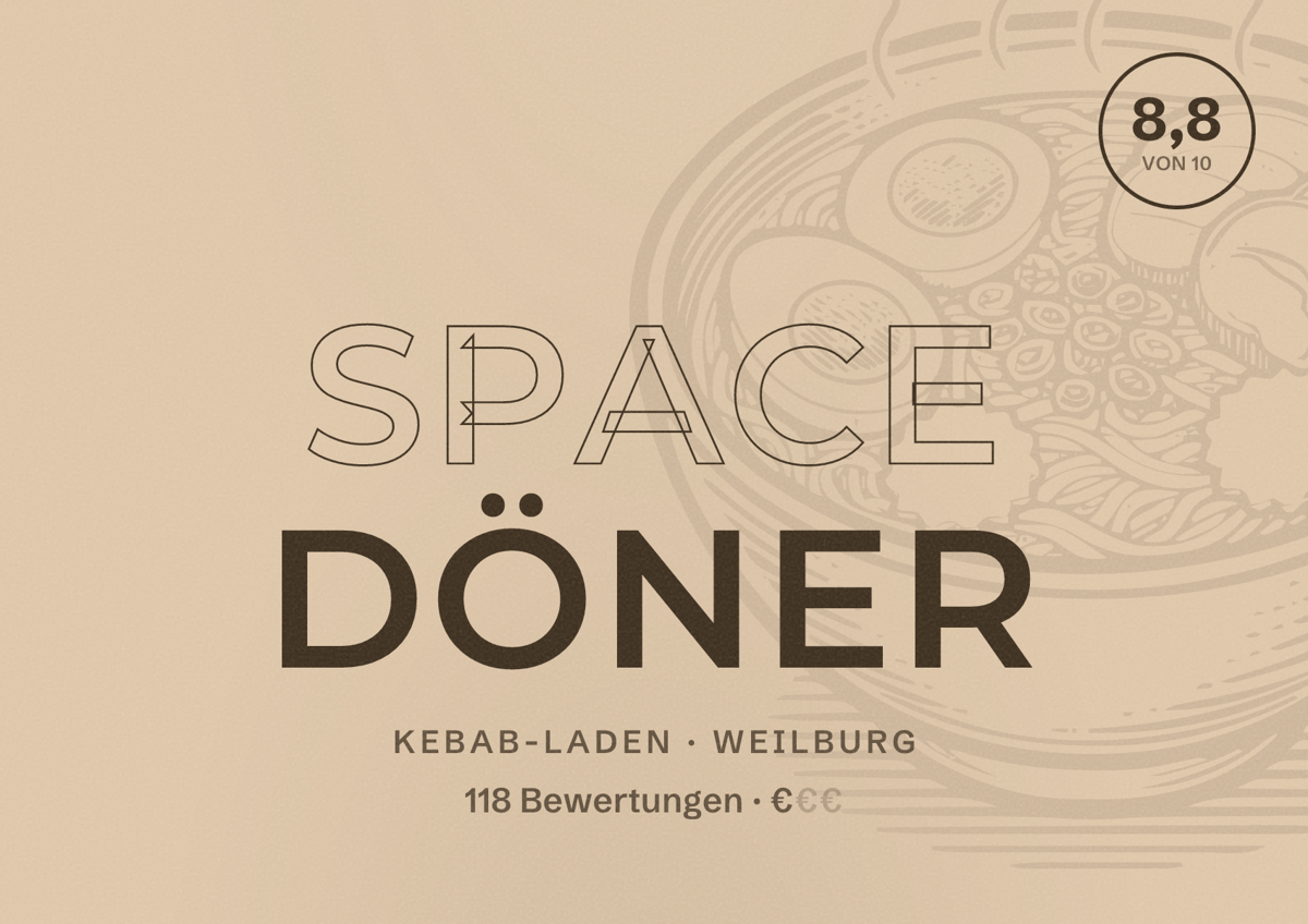 Illustriertes Poster von Space Döner, Kebab-Laden in Weilburg: Bewertung 8,8 von 10 aus 118 Bewertungen, Preisniveau €