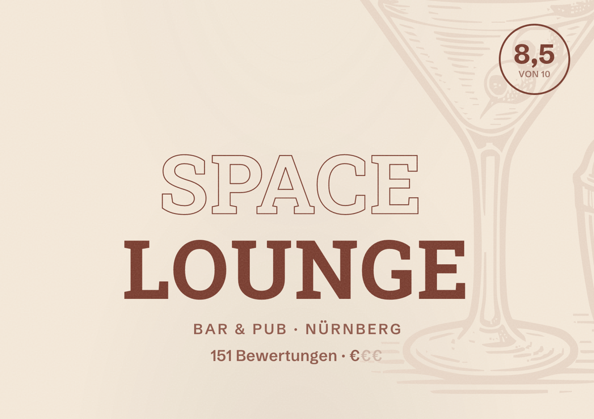 Illustriertes Poster von Space Lounge, Bar & Pub in Nürnberg: Bewertung 8,5 von 10 aus 151 Bewertungen, Preisniveau €