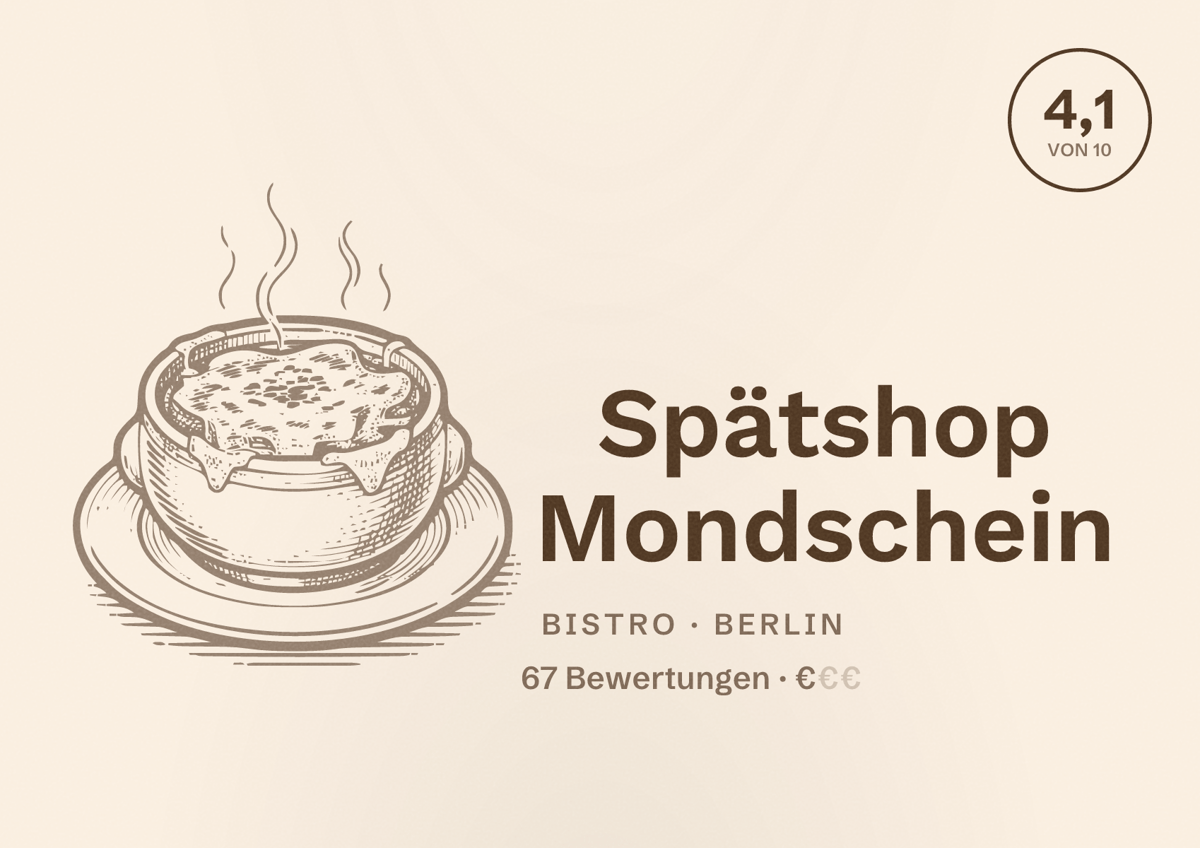 Illustriertes Poster von Spätshop Mondschein, Bistro in Berlin: Bewertung 4,1 von 10 aus 67 Bewertungen, Preisniveau €